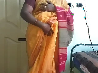 desi  indian horny tamil telugu kannada malayalam hindi cheating wife vanitha wearing orange colour saree  showing big boobs and shaved pussy campaign hard boobs campaign nip rubbing pussy masturbation